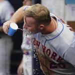 
              New York Mets first baseman Pete Alonso (20) cools down in the dugout during a baseball game against the Atlanta Braves, Monday, July 11, 2022, in Atlanta. (AP Photo/John Bazemore)
            