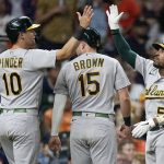
              Oakland Athletics' Chad Pinder (10) celebrates with Tony Kemp, right, after scoring during the seventh inning of the team's baseball game against the Houston Astros, Friday, July 15, 2022, in Houston. (AP Photo/Eric Christian Smith)
            