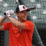 
              Max Wagner, the Baltimore Orioles second round pick, 42nd overall, in the 2022 draft, takes batting practice prior to a baseball game between the Orioles and the Tampa Bay Rays, Tuesday, July 26, 2022, in Baltimore. (AP Photo/Julio Cortez)
            