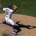 
              New York Mets pitcher Joely Rodriguez throws during the seventh inning of a baseball game against the Texas Rangers on Sunday, July 3, 2022, in New York. (AP Photo/Adam Hunger)
            