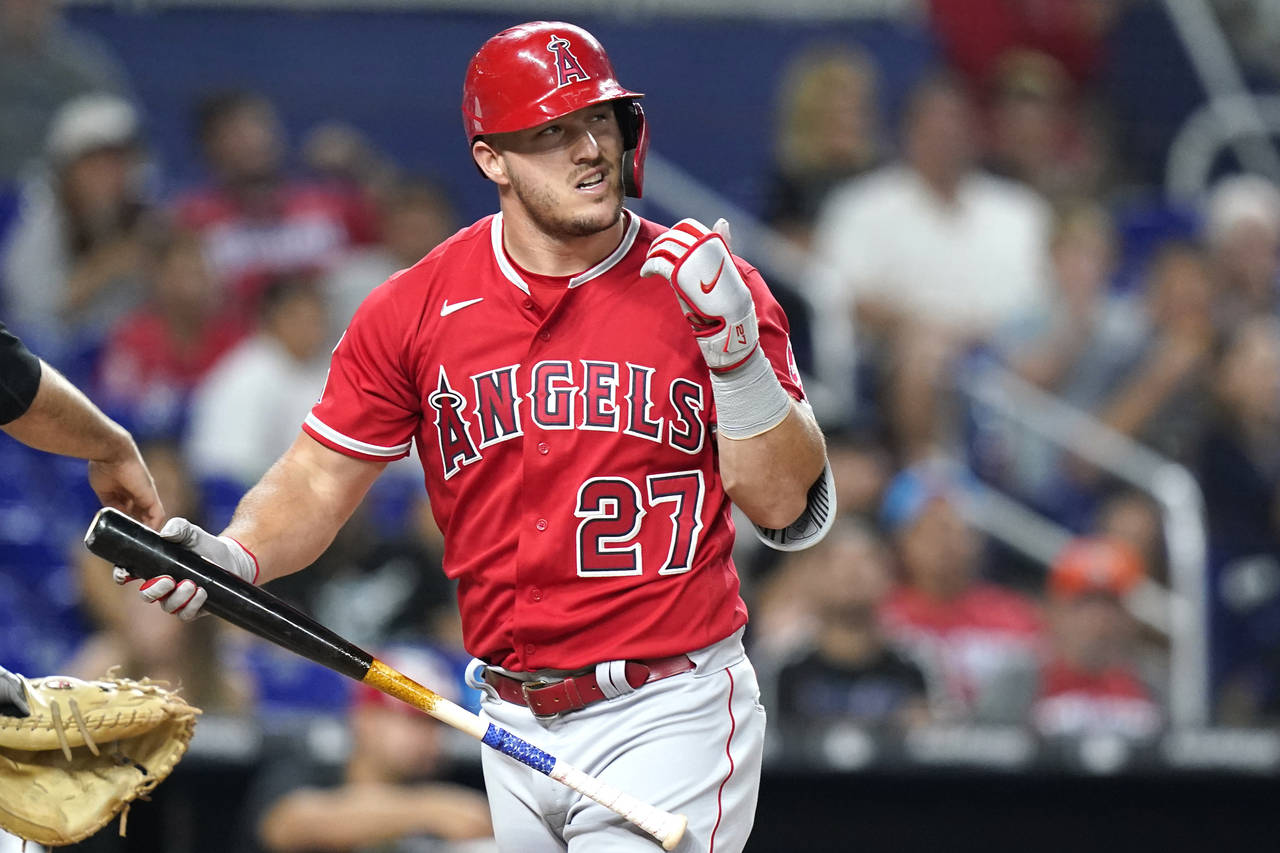 Los Angeles Angels' Mike Trout reacts after he struck out swinging during the fourth inning of the ...