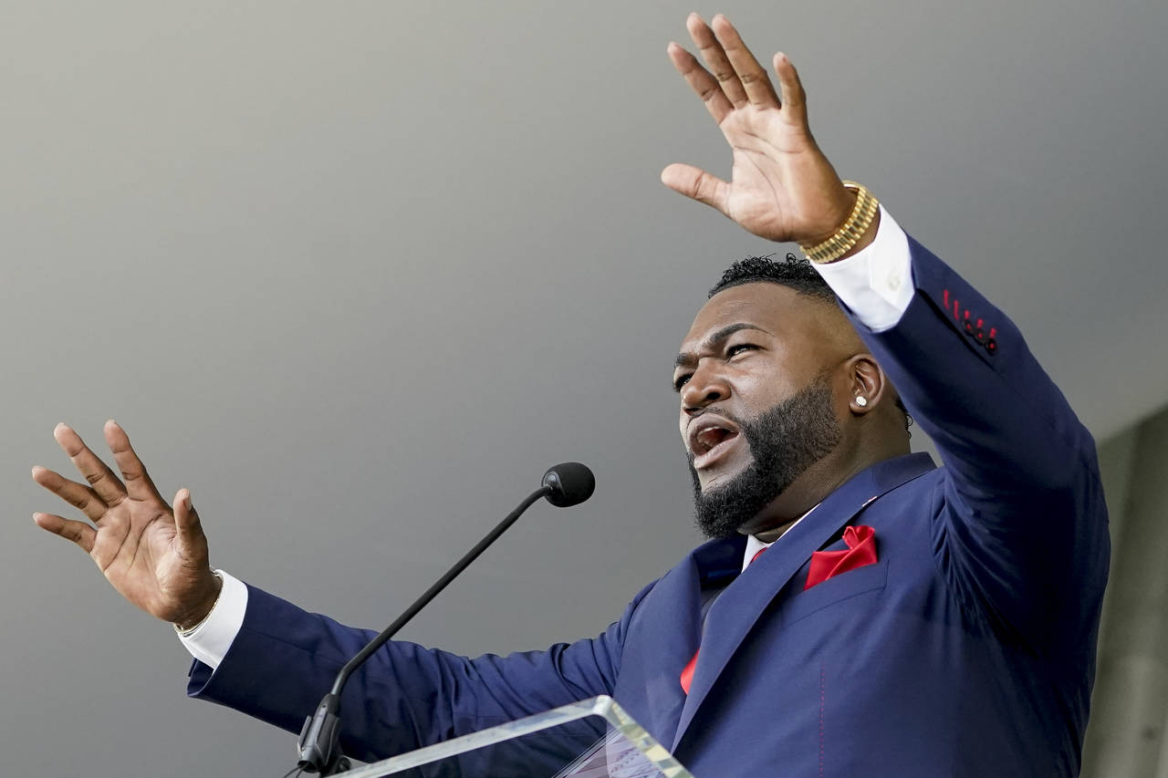 Hall of Fame inductee David Ortiz, formerly of the Boston Red Sox baseball team, speaks during the ...