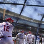 
              Philadelphia Phillies' Kyle Schwarber takes batting practice a day before the 2022 MLB All-Star baseball game, Monday, July 18, 2022, in Los Angeles. (AP Photo/Jae C. Hong )
            