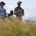 
              US golfer Will Zalatoris, right, at the sixth tee during a practice round at the British Open golf championship in St Andrews, Scotland, Tuesday, July 12, 2022. The Open Championship returns to the home of golf on July 14-17, 2022, to celebrate the 150th edition of the sport's oldest championship, which dates to 1860 and was first played at St. Andrews in 1873. (AP Photo/Alastair Grant)
            
