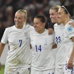 
              England's team players pose for a photo as they won the Women Euro 2022 semi final soccer match between England and Sweden at the Bramall Lane Stadium in Sheffield, England, Tuesday, July 26, 2022. (AP Photo/Rui Vieira)
            