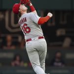 
              St. Louis Cardinals second baseman Nolan Gorman catches a ball hit by Atlanta Braves' Ronald Acuña Jr. during the third inning of a baseball game Thursday, July 7, 2022, in Atlanta. (AP Photo/John Bazemore)
            