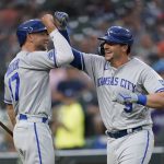 
              Kansas City Royals' Vinnie Pasquantino (9) celebrates his home run with Hunter Dozier (17) in the fourth inning of a baseball game against the Detroit Tigers in Detroit, Friday, July 1, 2022. (AP Photo/Paul Sancya)
            