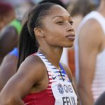 
              Allyson Felix, of the United States, prepares to run the final 4x400 meters mixed relay at the World Athletics Championships Friday, July 15, 2022, in Eugene, Ore. (AP Photo/David J. Phillip)
            