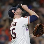 
              Houston Astros relief pitcher Ryan Pressly reacts after striking out Seattle Mariners' Cal Raleigh to the end the baseball game Thursday, July 28, 2022, in Houston. The Astros won 4-2. (AP Photo/Michael Wyke)
            