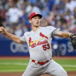 
              St. Louis Cardinals starting pitcher Andre Pallante (53) throws the ball during the first inning of a baseball game against the Toronto Blue Jays, Tuesday, July 26, 2022 in Toronto. (Christopher Katsarov/The Canadian Press via AP)
            