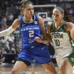 
              Seattle Storm guard Sue Bird (10) drives against Connecticut Sun guard Natisha Hiedeman (2) during the first half of a WNBA basketball game Thursday, July 28, 2022, in Uncasville, Conn. (AP Photo/Bryan Woolston)
            