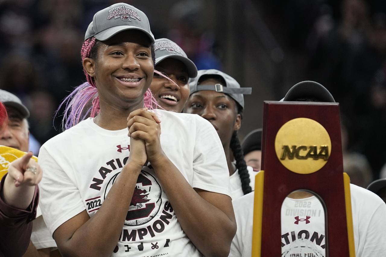 FILE - South Carolina's Aliyah Boston smiles after beating UConn in the Final Four championship gam...