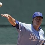 
              Kansas City Royals starting pitcher Zack Greinke throws during the first inning of a baseball game against the Cleveland Guardians Sunday, July 10, 2022, in Kansas City, Mo. (AP Photo/Charlie Riedel)
            
