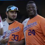 
              American League's Shea Langeliers stands with Ken Griffey Jr. after the MLB All-Star Futures baseball game against the National League, Saturday, July 16, 2022, in Los Angeles. (AP Photo/Mark J. Terrill)
            