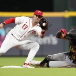 
              Cincinnati Reds shortstop Kyle Farmer (17) attempts to tag out Pittsburgh Pirates' Oneil Cruz (15) who successfully steals second base during the seventh inning of the second baseball game of a doubleheader Thursday, July 7, 2022, in Cincinnati. (AP Photo/Jeff Dean)
            