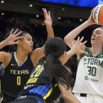 
              Seattle Storm forward Breanna Stewart (30) puts up a shot against Dallas Wings forward Satou Sabally (0) and guard Briann January (20) during the first half of a WNBA basketball game, Tuesday, July 12, 2022 in Seattle. (AP Photo/Ted S. Warren)
            