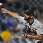 
              Detroit Tigers relief pitcher Michael Fulmer throws during the eighth inning of a baseball game against the Kansas City Royals, Tuesday, July 12, 2022, in Kansas City, Mo. (AP Photo/Reed Hoffmann)
            