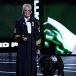 
              Gretchen Evans accepts the Pat Tillman award for service at the ESPY Awards on Wednesday, July 20, 2022, at the Dolby Theatre in Los Angeles. (AP Photo/Mark Terrill)
            