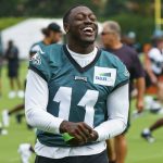 
              Philadelphia Eagles' A.J. Brown laughs during practice at the NFL football team's training camp, Wednesday, July 27, 2022, in Philadelphia. (AP Photo/Chris Szagola)
            