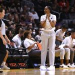 
              Seattle Storm coach Noelle Quinn reacts toward an official during the first half of the team's WNBA basketball game against the Los Angeles Sparks on Thursday, July 7, 2022, in Los Angeles. (Keith Birmingham/The Orange County Register via AP)
            