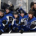 
              Saint John Sea Dogs' Jeremie Poirier, Yan Kuznetsov, Charlie DesRoches, Nathan Drapeau and Thomas Couture, from left, start to celebrate as the clock winds down in the third period of the team's Memorial Cup hockey final against the Hamilton Bulldogs, Wednesday, June 29, 2022, in Saint John, New Brunswick. (Ron Ward/The Canadian Press via AP)
            