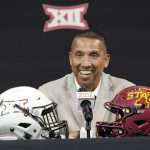 
              Iowa head coach Matt Campbell smiles while speaking to reporters at the NCAA college football Big 12 media days in Arlington, Texas, Thursday, July 14, 2022. (AP Photo/LM Otero)
            