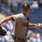
              San Diego Padres starting pitcher MacKenzie Gore throws to the plate during the first inning of a baseball game against the Los Angeles Dodgers Sunday, July 3, 2022, in Los Angeles. (AP Photo/Mark J. Terrill)
            