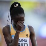 
              Norah Jeruto, of Kazakhstan, reacts after her win the women's 3000-meter steeplechase final at the World Athletics Championships on Wednesday, July 20, 2022, in Eugene, Ore. (AP Photo/Ashley Landis)
            
