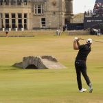 
              Dustin Johnson of the US plays from the 18th tee during the second round of the British Open golf championship on the Old Course at St. Andrews, Scotland, Friday July 15, 2022. The Open Championship returns to the home of golf on July 14-17, 2022, to celebrate the 150th edition of the sport's oldest championship, which dates to 1860 and was first played at St. Andrews in 1873. (AP Photo/Gerald Herbert)
            