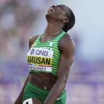 
              Tobi Amusan, of Nigeria, wins the women's 100-meter hurdles final at the World Athletics Championships on Sunday, July 24, 2022, in Eugene, Ore. (AP Photo/Ashley Landis)
            