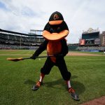 
              The Oriole Bird holds a broom after the Baltimore Orioles defeating the Los Angeles Angels 9-5 during a baseball game to complete a series sweep, Sunday, July 10, 2022, in Baltimore. (AP Photo/Julio Cortez)
            