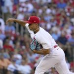 
              St. Louis Cardinals starting pitcher Jordan Hicks throws during the first inning of a baseball game against the Los Angeles Dodgers Tuesday, July 12, 2022, in St. Louis. (AP Photo/Jeff Roberson)
            
