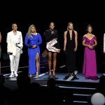
              Jocelyn Alo, from left, Layisha Clarendon, Chloe Kim, Allyson Felix, Oksana Masters, Aly Raisman and Megan Rapinoe appear onstage during a performance at the ESPY Awards on Wednesday, July 20, 2022, at the Dolby Theatre in Los Angeles. (AP Photo/Mark Terrill)
            