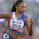 
              Allyson Felix, of the United States, runs in the the 4x400-meter mixed relay final at the World Athletics Championships Friday, July 15, 2022, in Eugene, Ore. (AP Photo/Ashley Landis)
            