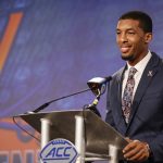 
              Virginia wide receiver Keytaon Thompson answers a question at the NCAA college football Atlantic Coast Conference Media Days in Charlotte, N.C., Thursday, July 21, 2022. (AP Photo/Nell Redmond)
            