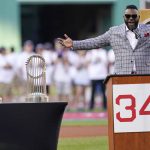 
              Newly inducted Hall of Fame designated hitter David Ortiz thanks fans while being honored prior to a baseball game between the Boston Red Sox and Cleveland Guardians at Fenway Park, Tuesday, July 26, 2022, in Boston. (AP Photo/Charles Krupa)
            