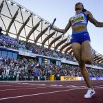 
              Sydney Mclaughlin, of the United States, wins the women's 4x400-meter relay final at the World Athletics Championships on Sunday, July 24, 2022, in Eugene, Ore. (AP Photo/David J. Phillip)
            