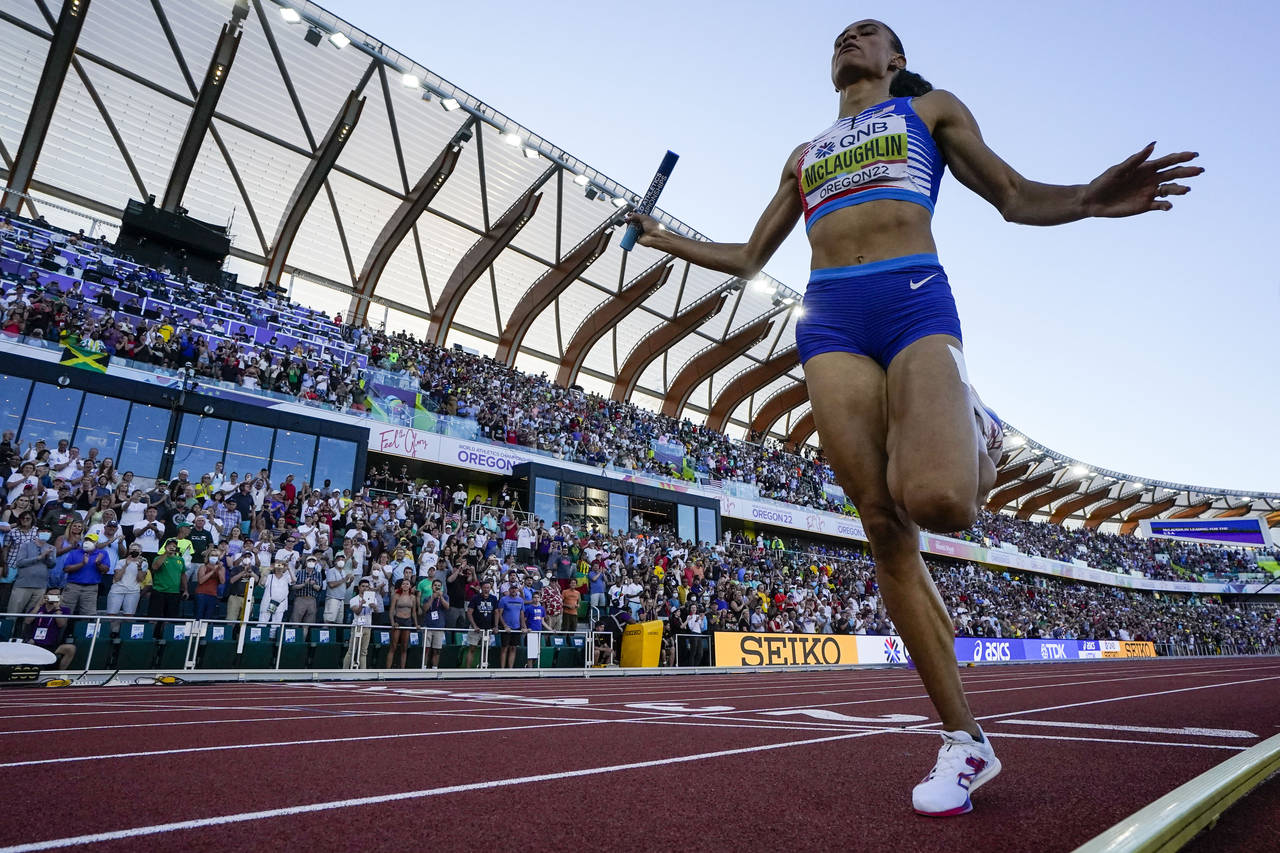 Sydney Mclaughlin, of the United States, wins the women's 4x400-meter relay final at the World Athl...