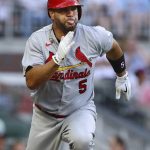 
              St. Louis Cardinals' Albert Pujols runs on a  double against the Atlanta Braves during the fourth inning of a baseball game Wednesday, July 6, 2022, in Atlanta. (Curtis Compton/Atlanta Journal-Constitution via AP)
            