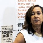 
              Della Britton, President & CEO of the Jackie Robinson Foundation, speaks to the media at the Jackie Robinson Museum, Tuesday, June 26, 2022, in New York. (AP Photo/Julia Nikhinson)
            
