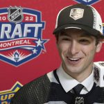 
              Los Angeles Kings hockey team 51st pick Jack Hughes speaks to the media during the second round of the 2022 NHL Draft on Friday, July 8, 2022, in Montreal. (Ryan Remiorz/The Canadian Press via AP)
            