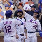 
              New York Mets' Francisco Lindor (12) celebrates with Tomas Nido, center, and Pete Alonso (20) after hitting a two-run home run off Miami Marlins starting pitcher Braxton Garrett in the sixth inning of a baseball game, Saturday, July 9, 2022, in New York. (AP Photo/John Minchillo)
            