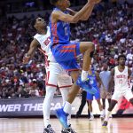 
              Oklahoma City Thunder's Ousmane Dieng (13) is fouled as he shoots against Houston Rockets' Josh Christopher during the second half of an NBA summer league basketball game Saturday, July 9, 2022, in Las Vegas. (AP Photo/David Becker)
            