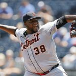 
              Detroit Tigers pitcher Michael Pineda delivers to a Kansas City Royals batter during the first inning of a baseball game in Kansas City, Mo., Monday, July 11, 2022. (AP Photo/Colin E. Braley)
            