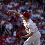 
              St. Louis Cardinals starting pitcher Miles Mikolas throws during the first inning of a baseball game against the Philadelphia Phillies Monday, July 11, 2022, in St. Louis. (AP Photo/Jeff Roberson)
            