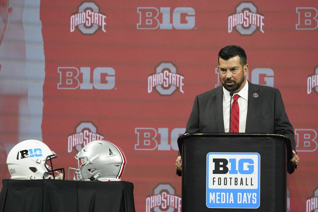 Ohio State head coach Ryan Day talks to reporters during an NCAA college football news conference a...