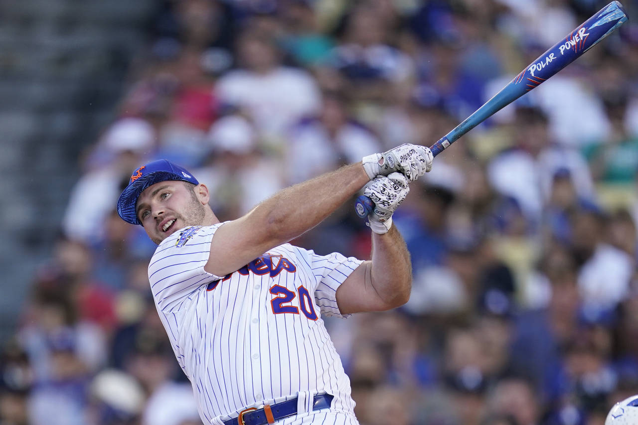 National League's Pete Alonso, of the New York Mets, bats during the MLB All-Star baseball Home Run...