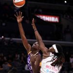 
              Los Angeles Sparks forward Chiney Ogwumike drives to the basket against forward Washington Mystics' Myisha Hines-Allen during the first half of a WNBA basketball game Tuesday, July 12, 2022, in Los Angeles. (Keith Birmingham
            