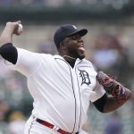 
              Detroit Tigers starting pitcher Michael Pineda throws during the first inning of a baseball game against the Cleveland Guardians, Wednesday, July 6, 2022, in Detroit. (AP Photo/Carlos Osorio)
            