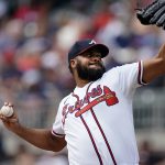 
              Atlanta Braves relief pitcher Kenley Jansen works in the eighth inning of a baseball game against the New York Mets Wednesday, July 13, 2022, in Atlanta. The Mets beat the Braves 7-3. (AP Photo/John Bazemore)
            
